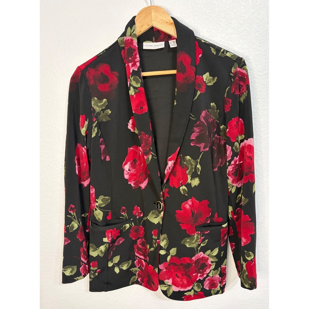 Susan Graver Womens Red Rose Floral Shawl Collar Single Button Blazer Black XSP